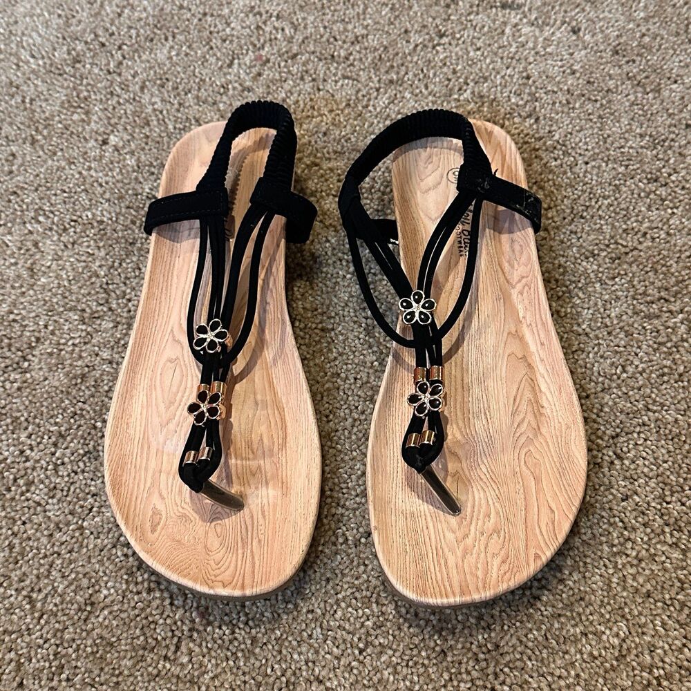 Ashley Blue Black Thong Sandals Size 9 Flower Embellishments